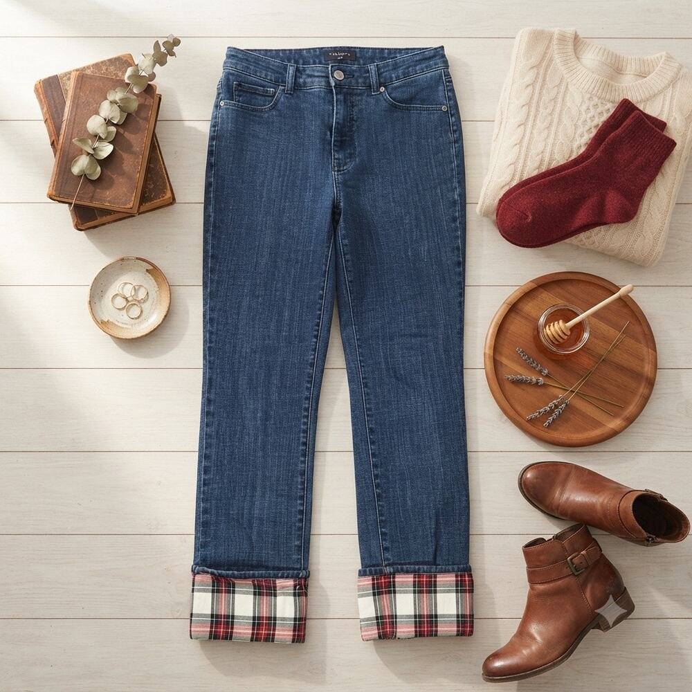 Talbots Women's Dark Wash Jeans Size 4 Plaid Cuff Detail Straight Leg Denim